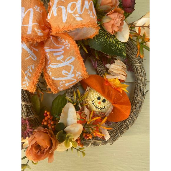 Fall Pumpkin Bamboo Wreath with Scarecrows, Thankful Bow & Autumn Florals - Picture 4 of 9